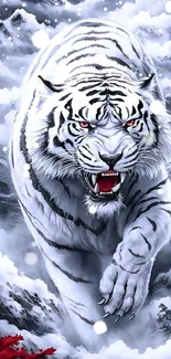 Fierce white tiger in snowy mountain scene, dramatic and majestic.