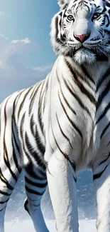 White tiger standing in snowy landscape, full moon above.