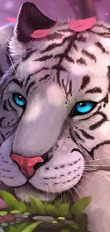 Majestic white tiger with blue eyes in serene artwork.