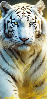 Majestic white tiger with golden flames in mobile wallpaper.