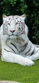 White tiger resting on green grass with lush leaves.