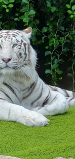 Majestic white tiger on green grass wallpaper.