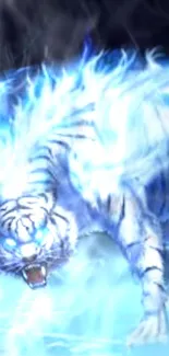 Glowing white tiger with ethereal blue flames.