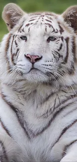 Majestic white tiger on lush grass background.