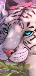 Anime-inspired white tiger with pink petals.