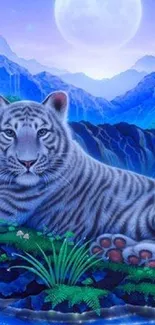 White tiger resting in a mystical mountain setting under a full moon.