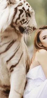 White tiger beside calm woman, tranquil wallpaper design.