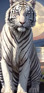 White tiger sitting by the beach under a full moon.