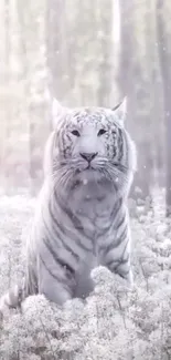 White tiger in snowy forest mobile wallpaper.