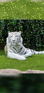 White tiger on green grass with sparkling sky effect.