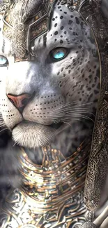 Close-up of a majestic white tiger with blue eyes in a fantasy-inspired design.