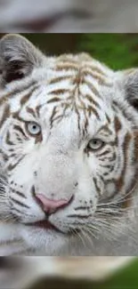 Close-up of a white tiger with striking blue eyes and a captivating face.