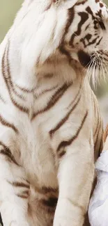 Majestic white tiger with elegant stripes on a mobile wallpaper background.