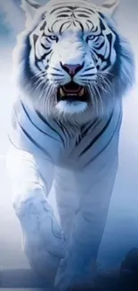 White tiger walking towards camera in intense scene.