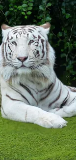 Majestic white tiger lounging on grass