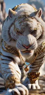 White tiger with gold adornments in a majestic scene.
