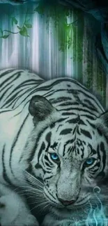 White tiger in mystical forest with waterfall.