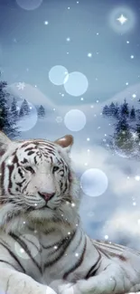 Majestic white tiger resting in a snowy forest under a full moon.