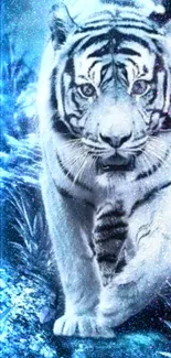 Majestic white tiger in a mystical blue forest wallpaper.