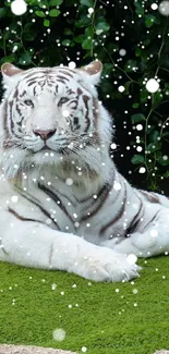 White tiger lying on vibrant green background.