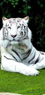 Majestic white tiger lounging on lush green grass.