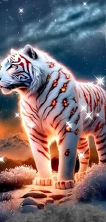 Majestic white tiger with glowing stripes under a starry night sky on a mountain path.