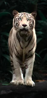 White tiger standing in lush jungle background.