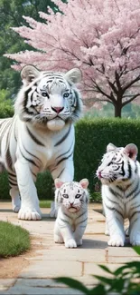 White tiger family in a lush garden with cherry blossoms.