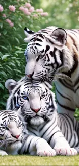 White tiger family in lush green jungle setting.