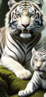 Majestic white tigers resting in a lush, green mystical forest setting.