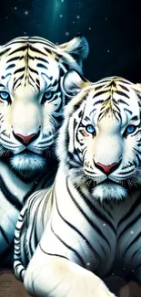 Majestic white tigers in serene, natural setting.