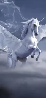 Majestic white unicorn soaring in a mystical blue sky.