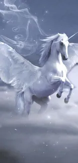 Ethereal white unicorn with wings in misty clouds.