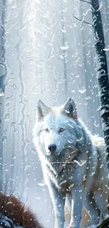 White wolf standing in a misty winter forest.