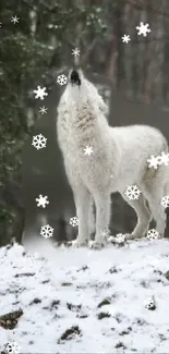 White wolf howling in snow with falling snowflakes.