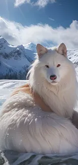 Majestic snow-covered white wolf in mountains with blue sky.