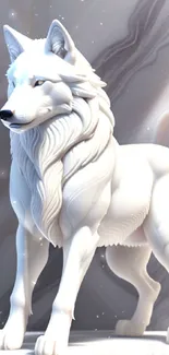 White wolf statue with a marble backdrop, perfect for mobile wallpaper.