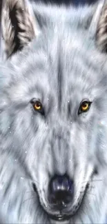 Striking white wolf with golden eyes in a digital wallpaper design.