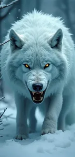 Majestic white wolf in snowy forest background