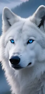 White wolf with blue eyes in a misty forest.