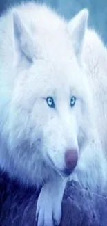 Majestic white wolf resting against a blue background.