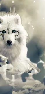 Mystical white wolf with celestial backdrop and stars.