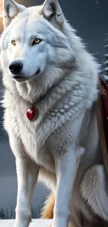 Majestic white wolf with red cape under a moonlit sky.