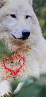 White wolf with a red heart design wallpaper.