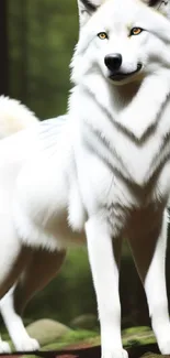 Majestic white wolf stands in lush green forest.