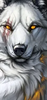 Majestic white wolf with glowing eyes on a mobile wallpaper.