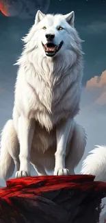 Majestic white wolf under moonlight against a mystical blue sky.