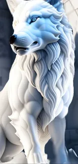 Intricate white wolf sculpture wallpaper with detailed fur and majestic pose.