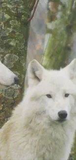 Two majestic white wolves in a forest setting, perfect for nature wallpaper.