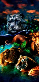 Vibrant jungle scene with wild animals, including tigers and lions, in artistic style.